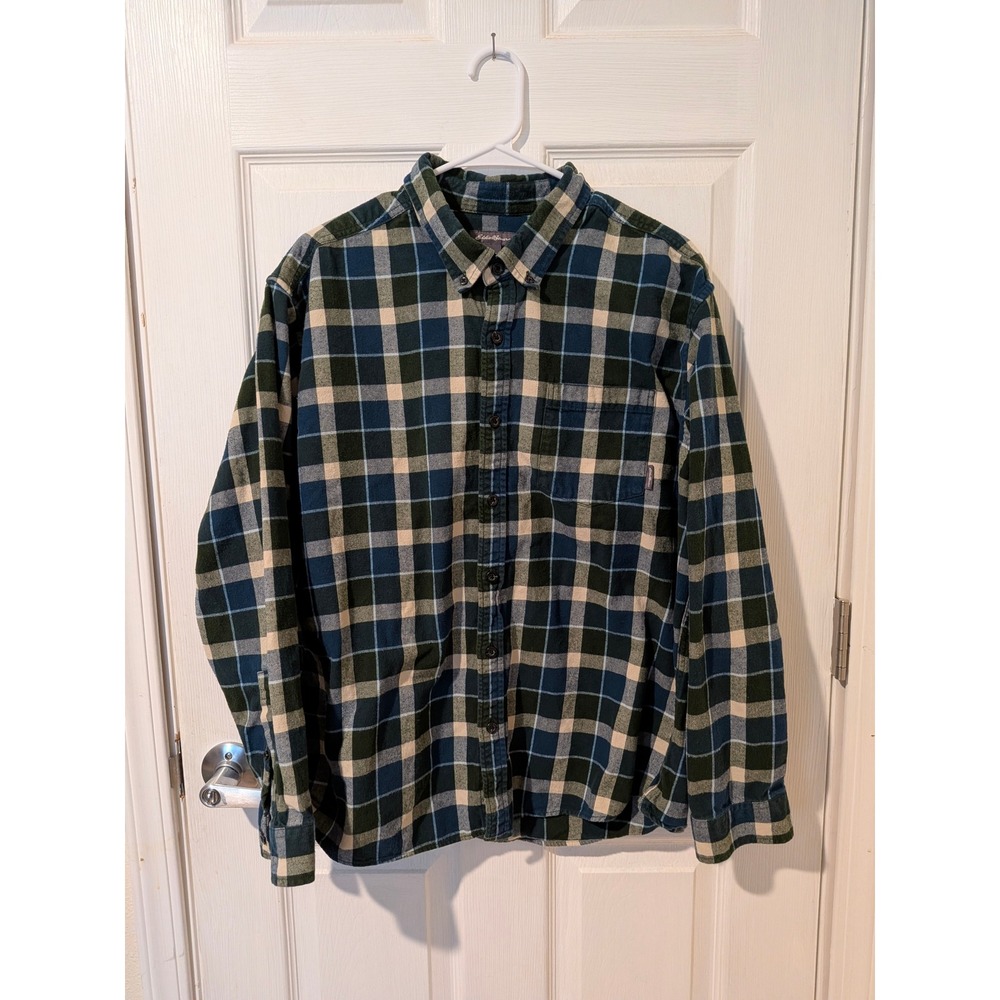 Eddie Bauer Mens 2XL Plaid Flannel Shirt Green Navy Blue Long Sleeve Button Down